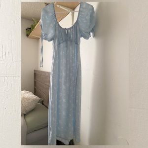 Light blue midi dress with puff sleeves, classy slit on the right side of dress